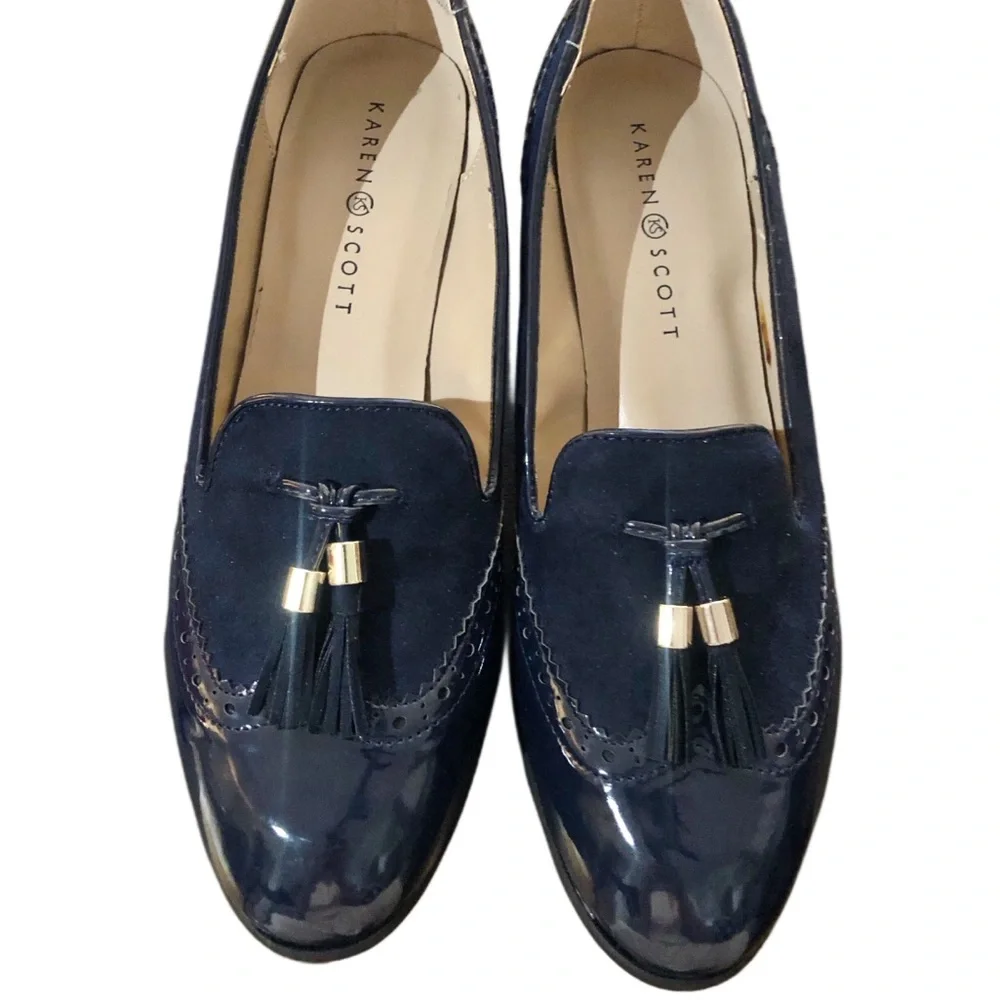 Karen Scott Navy Terrie Tassel Heeled Loafers Sz 9.5